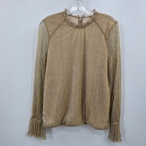 Love and Promises Blouse Womens Medium Gold Metallic Pleated Ruffle Neck